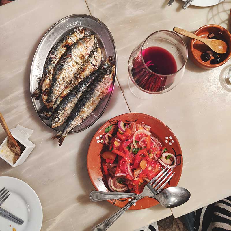 Sardines and wine at Taberna da Rua das Flores restaurant, Lisbon