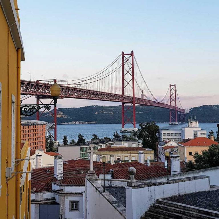 View of Ponte 25 de Abril from Alcantara, Lisbon Portugal