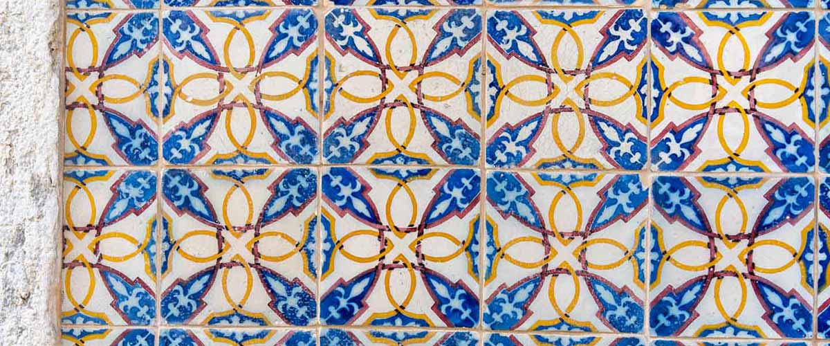 Lisbon tiles azulejos blue, yellow and purple